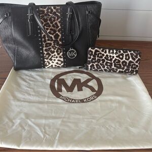 Michael Kors Black and Leopard Print Tote with Wallet